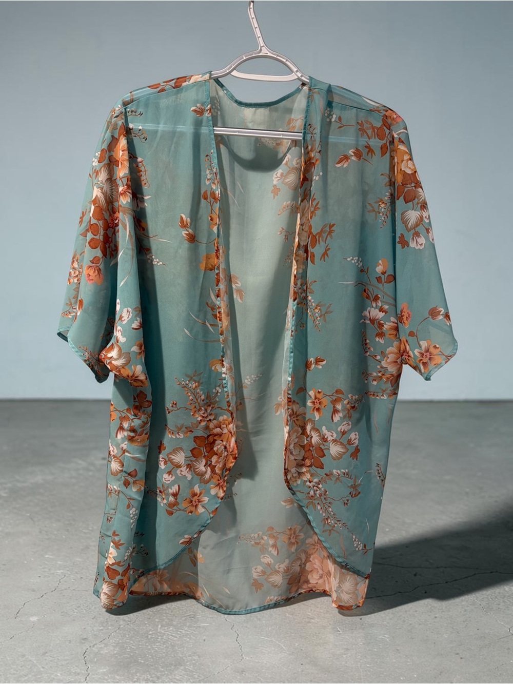 Teal Floral Sheer Open-Front Kimono with Peach Accents